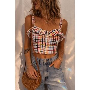 ModCloth x Collectif‎ Emilia Watercolor Gingham Crop Top Multicolor US 4 XS NEW